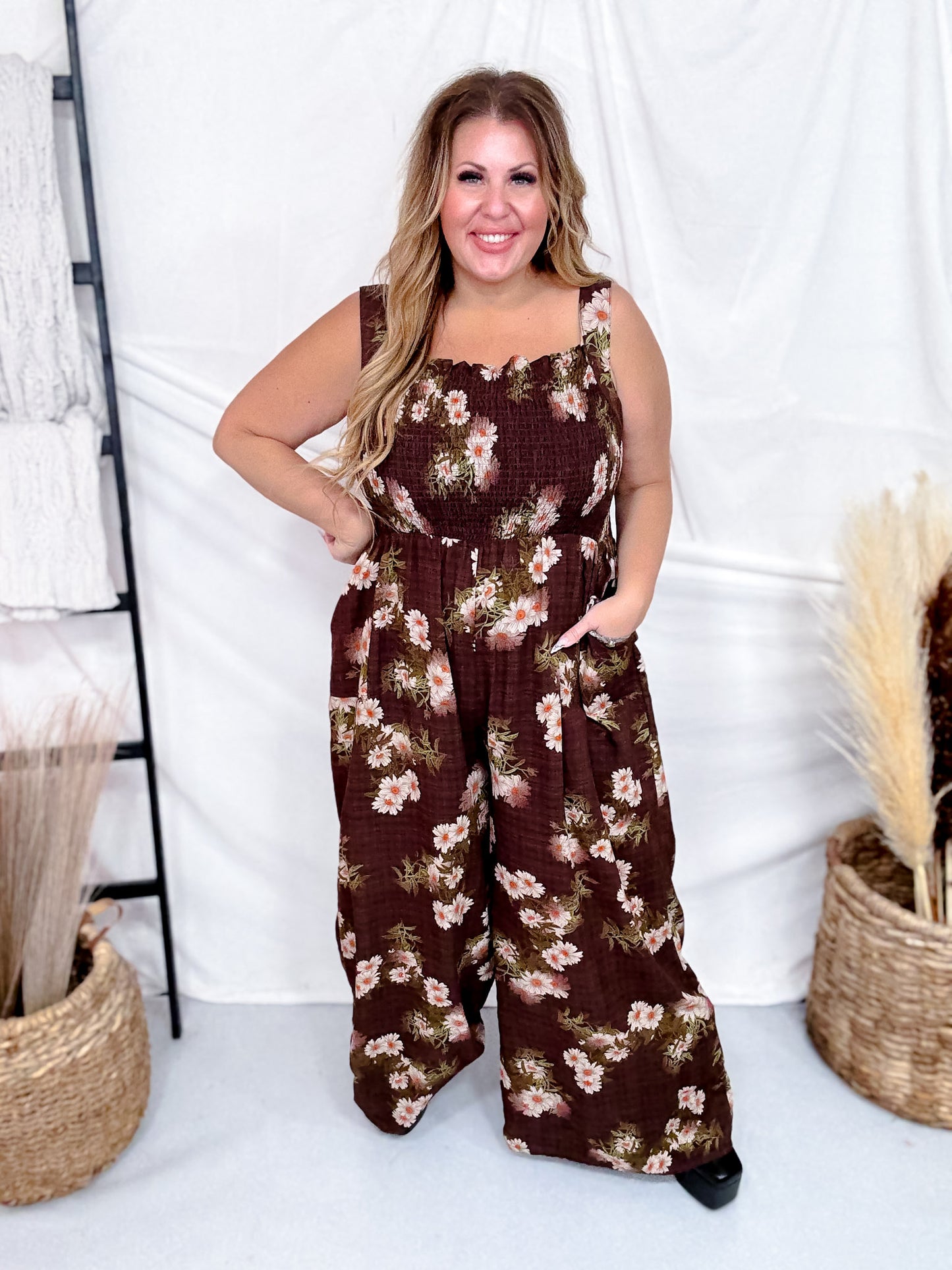 Mocha Brown Floral Smocked Wide Leg Jumpsuit