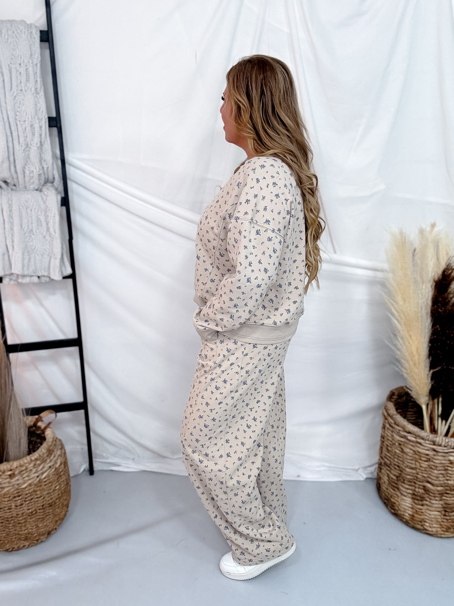 Beige & Blue Floral Print Straight Leg Lounge Pants