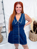Button Front Sleeveless Denim Mini Dress With Lace Trim