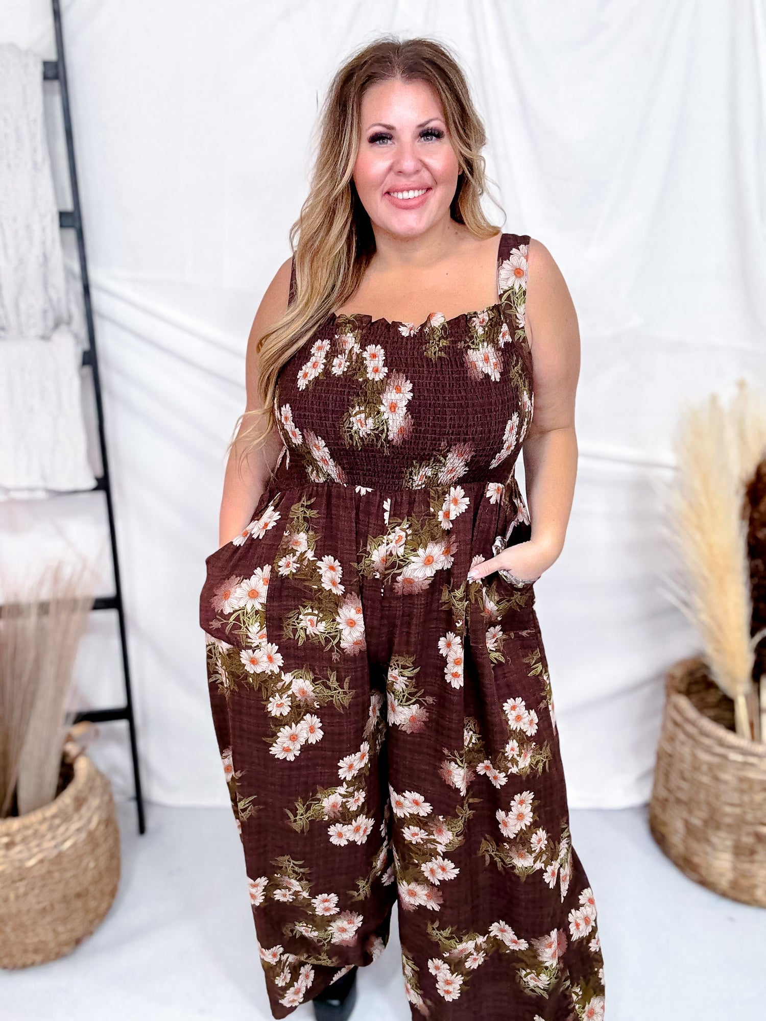 Mocha Brown Floral Smocked Wide Leg Jumpsuit