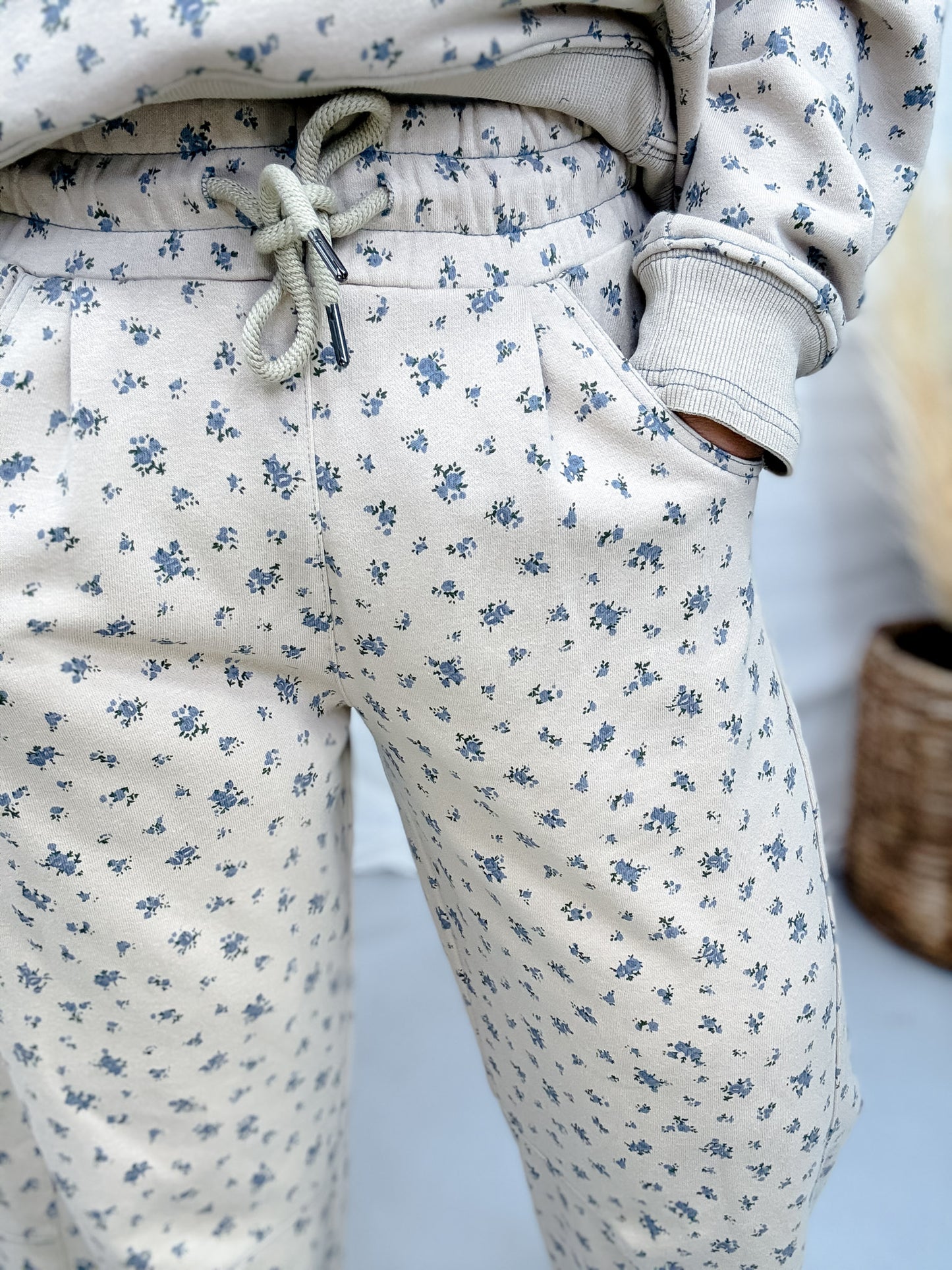 Beige & Blue Floral Print Straight Leg Lounge Pants