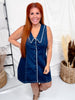 Button Front Sleeveless Denim Mini Dress With Lace Trim