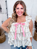 Cream and Pink Floral Print Ruffled Top