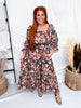 Floral Off Shoulder Smocked Waist Midi Dress With Puff Sleeves