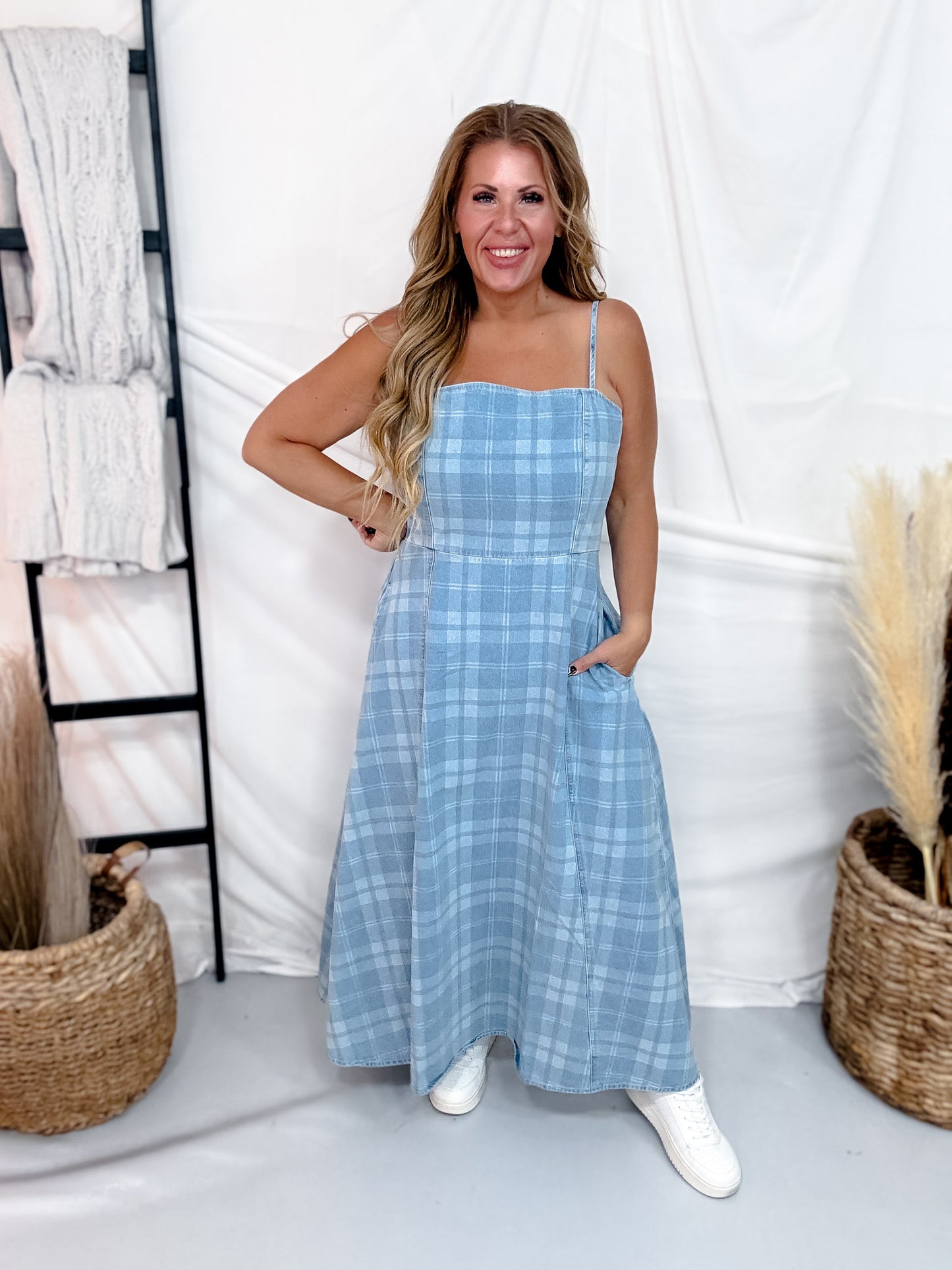Plaid Denim Spaghetti Strap Midi Dress