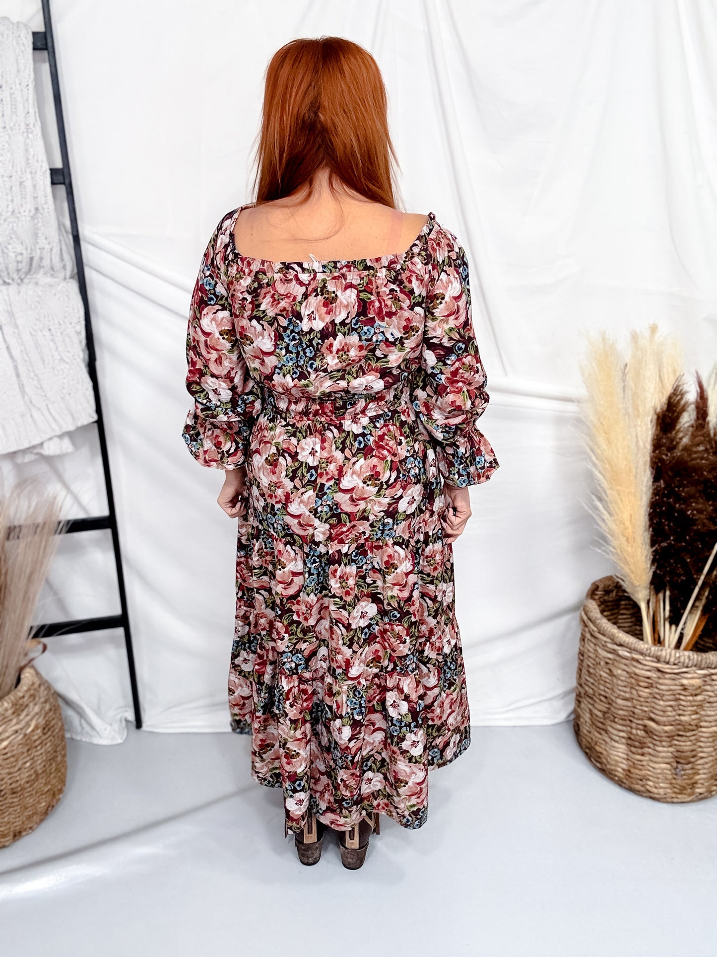 Floral Off Shoulder Smocked Waist Midi Dress With Puff Sleeves