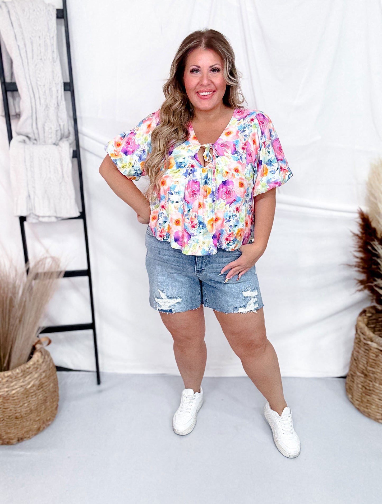 Watercolor Floral Print Tie Front Top With Balloon Sleeves