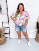 Watercolor Floral Print Tie Front Top With Balloon Sleeves