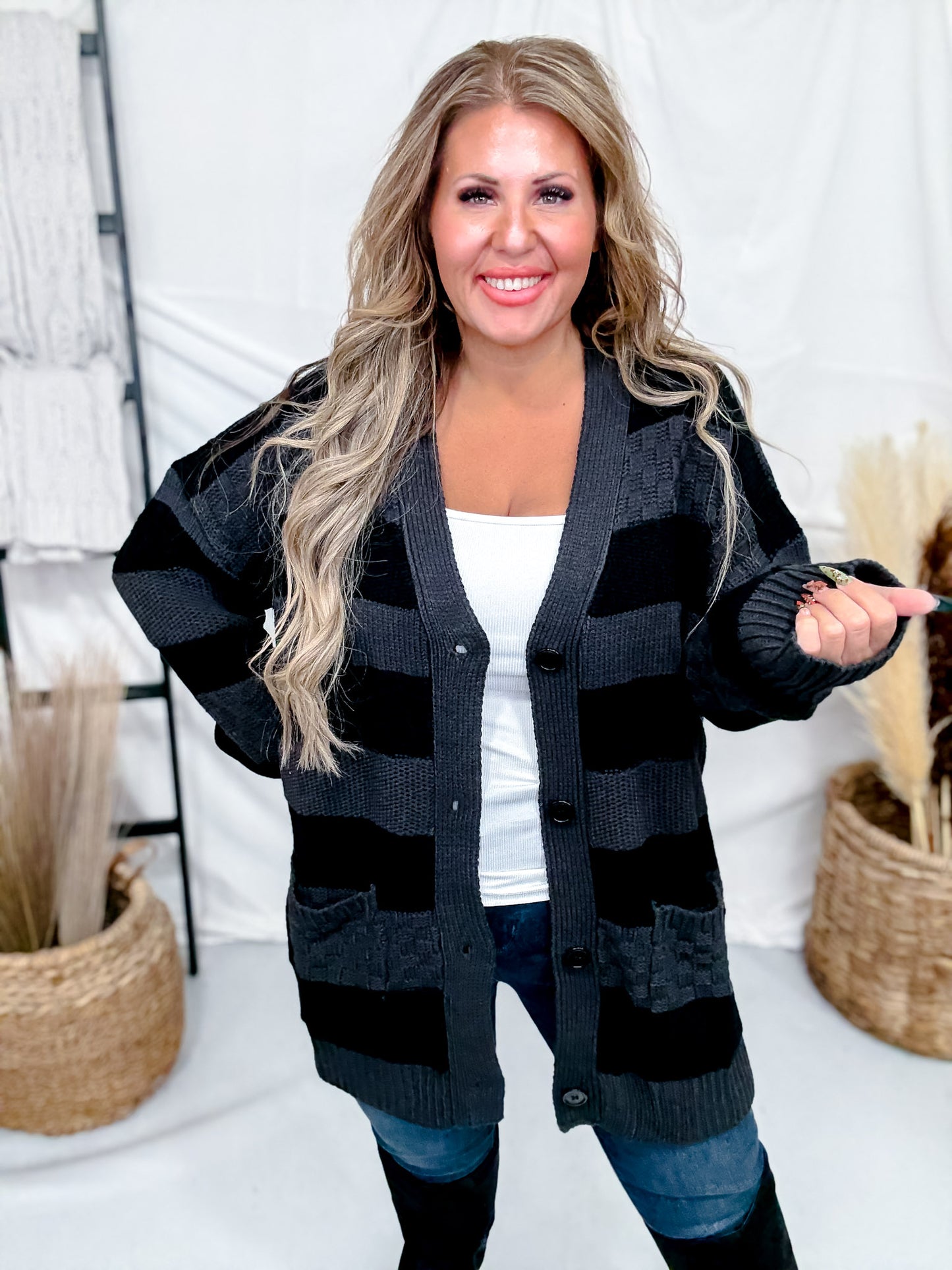 Long Sleeve Knit Black & Charcoal Button Down Cardigan