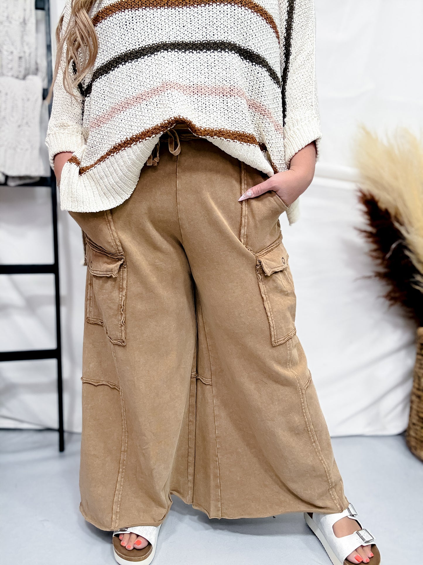 Wide Leg Terry Knit Pull on Cargo Pants in Latte
