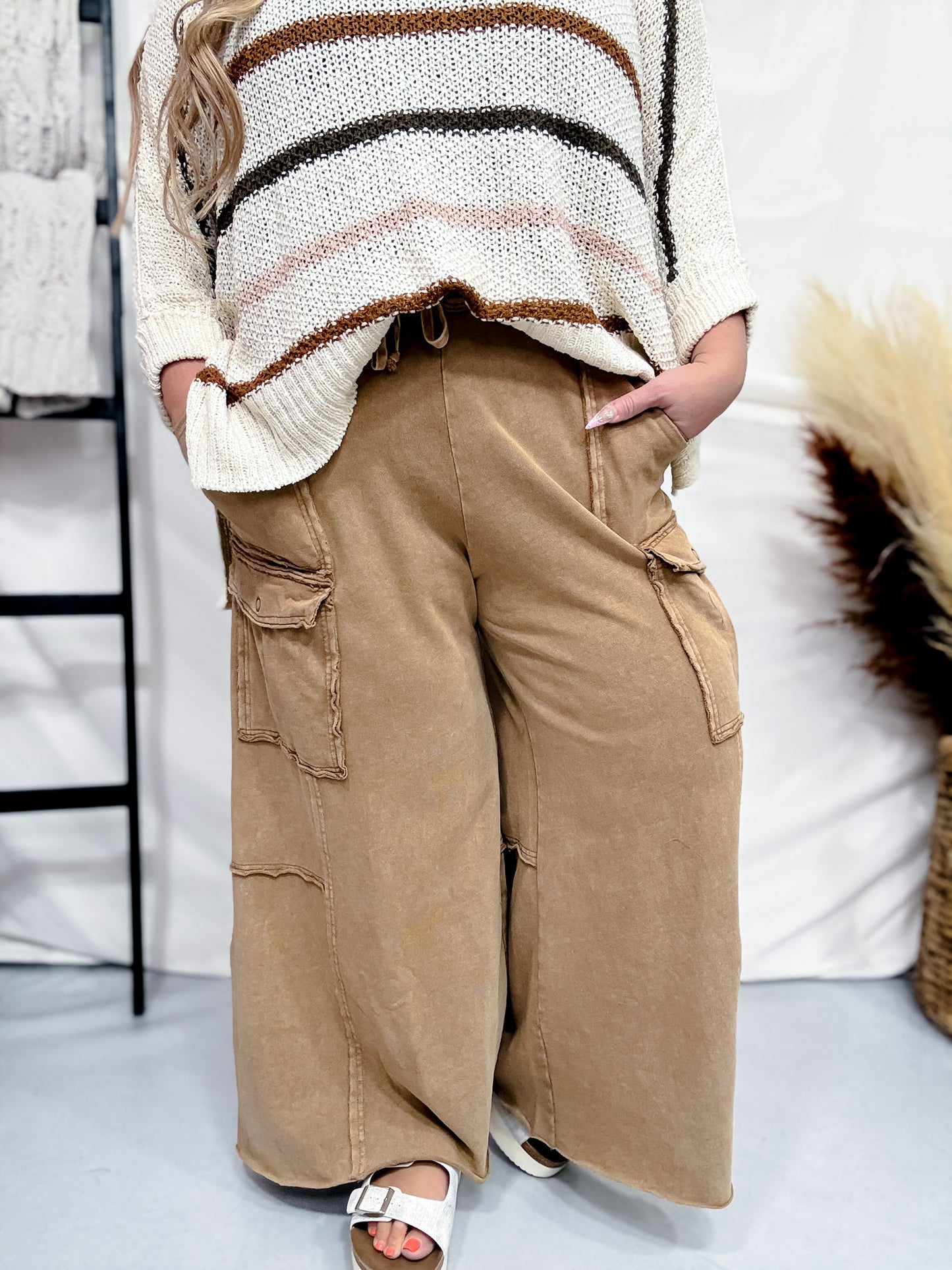 Wide Leg Terry Knit Pull on Cargo Pants in Latte