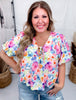 Watercolor Floral Print Tie Front Top With Balloon Sleeves