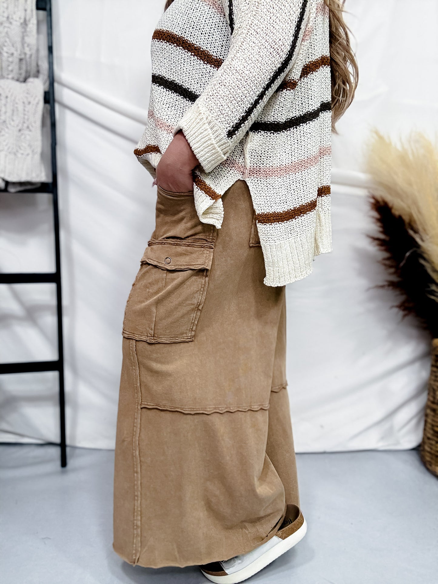 Wide Leg Terry Knit Pull on Cargo Pants in Latte