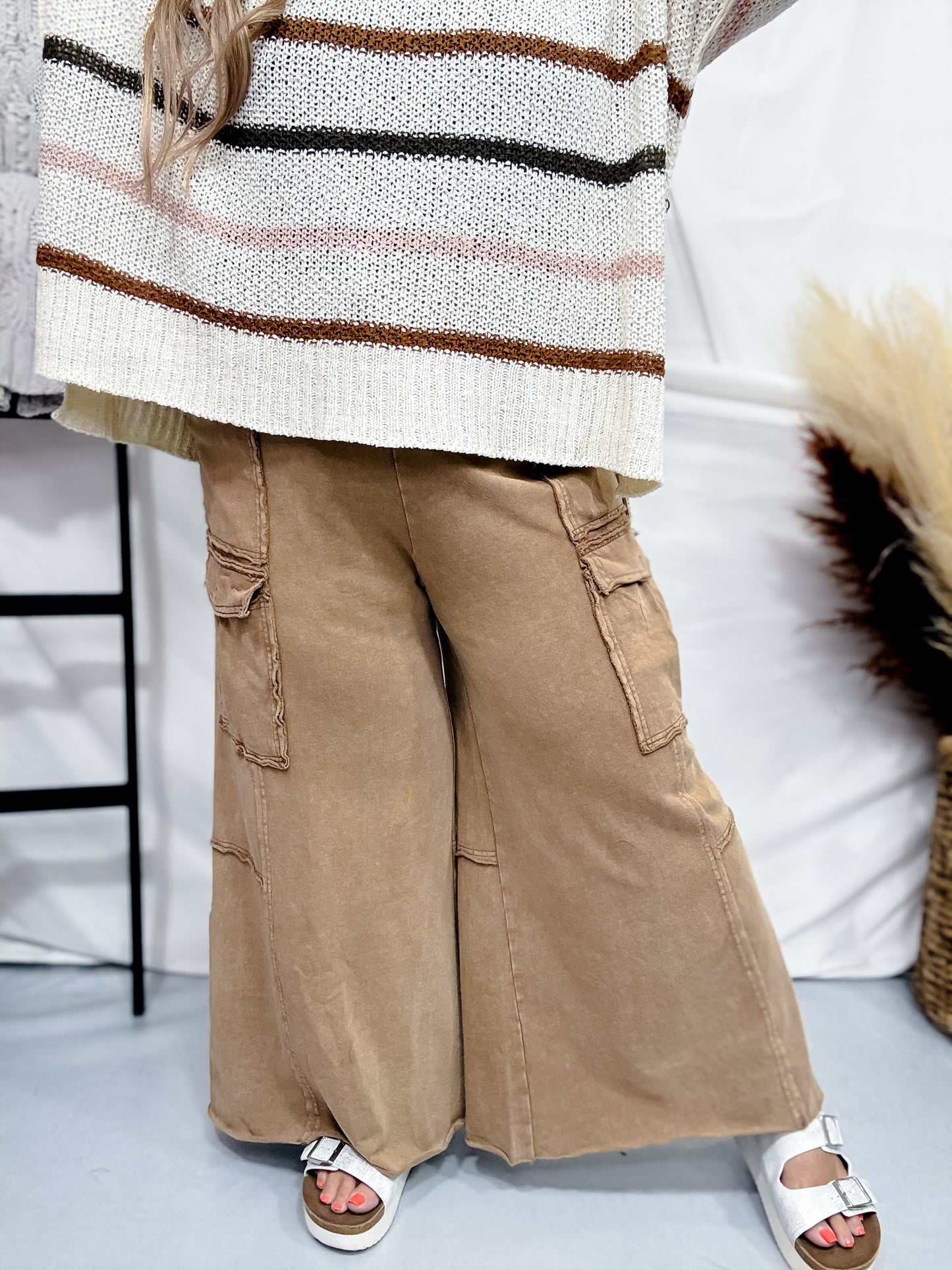 Wide Leg Terry Knit Pull on Cargo Pants in Latte