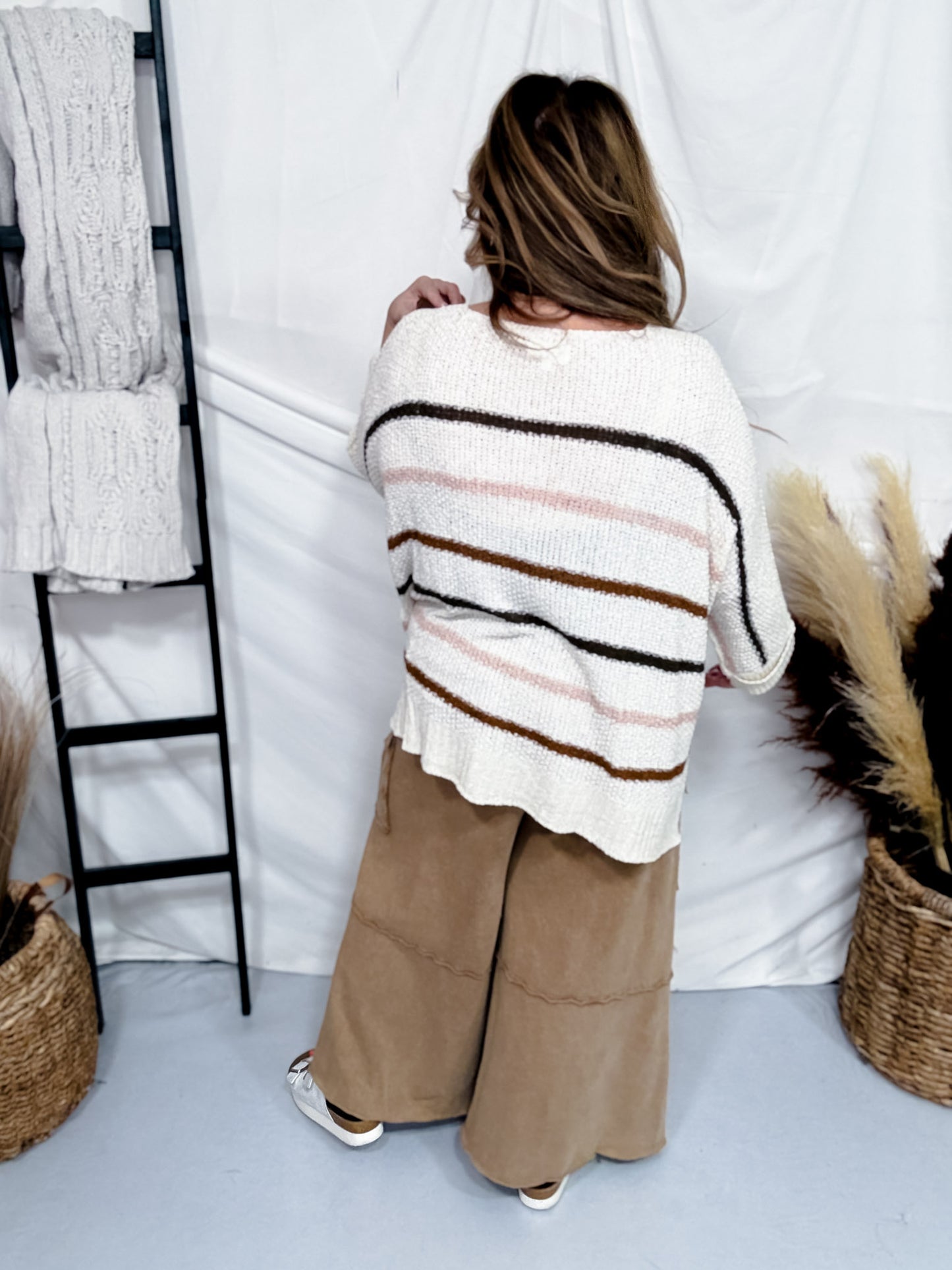 Wide Leg Terry Knit Pull on Cargo Pants in Latte