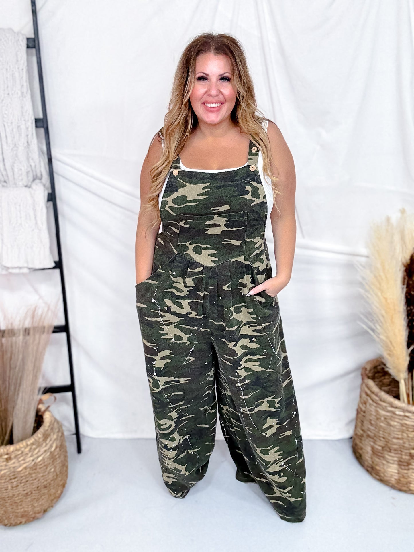 Washed Camo WIde Leg Paint Splatter Overalls