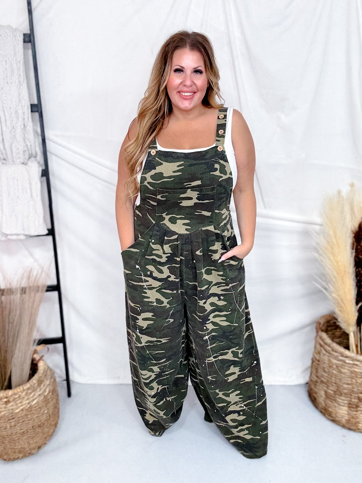 Washed Camo WIde Leg Paint Splatter Overalls