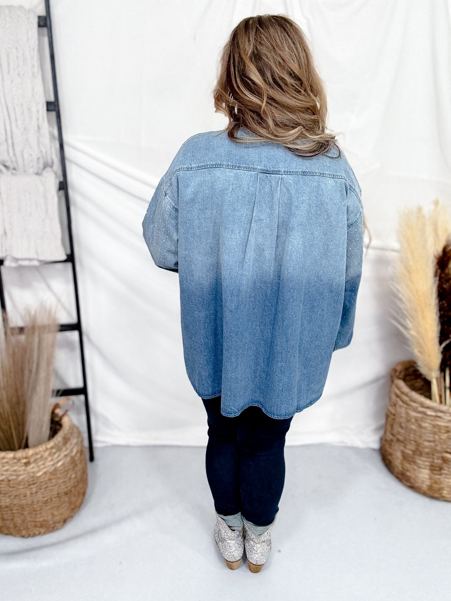 Blue Denim Long Sleeve Rhinestone Button Front Top