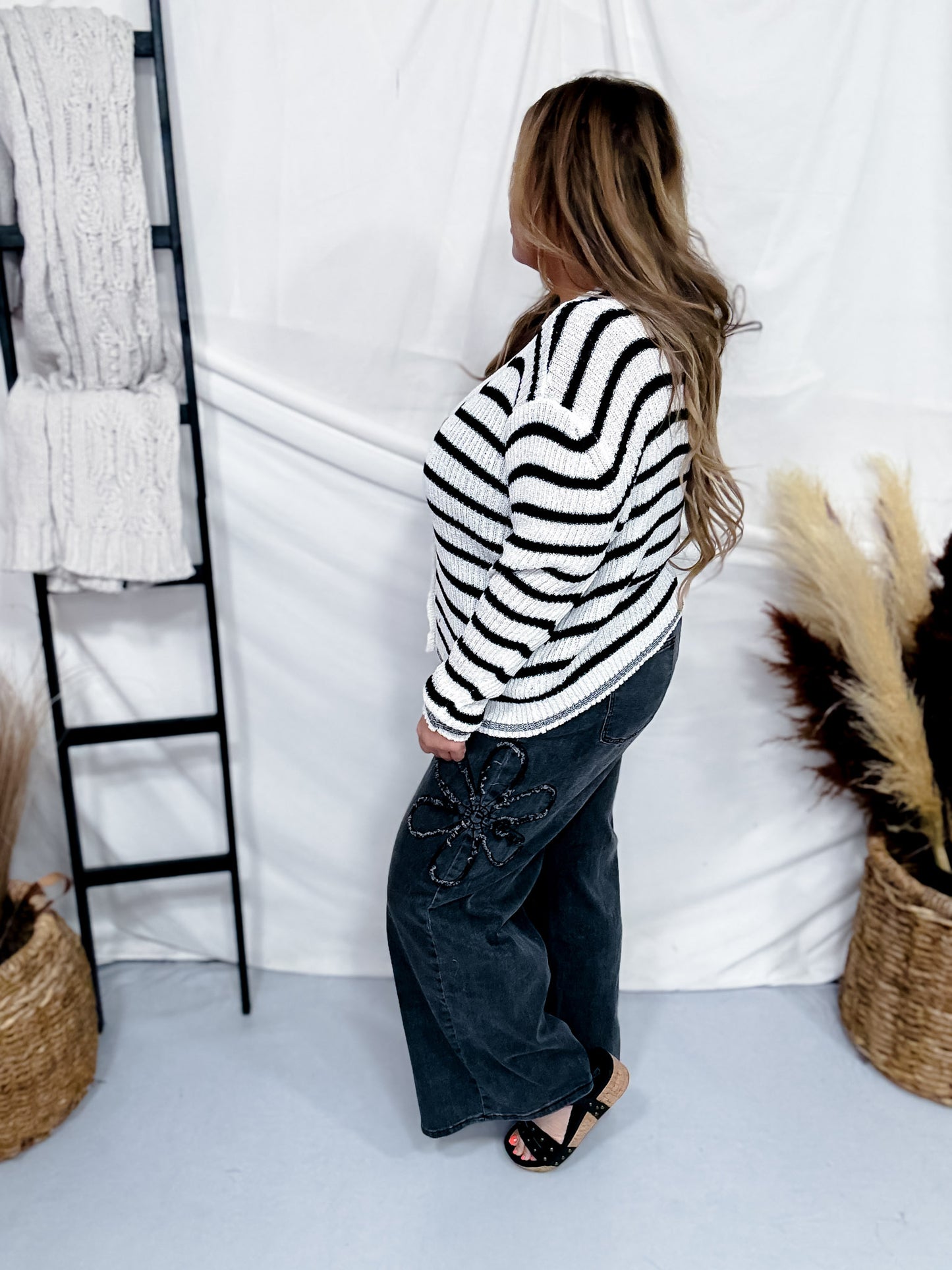 Flower Patch Black Washed Denim Wide Leg Pants