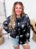 Black Horse Print Satin Button Down Top with Snap Button Sleeves