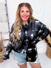 Black Horse Print Satin Button Down Top with Snap Button Sleeves