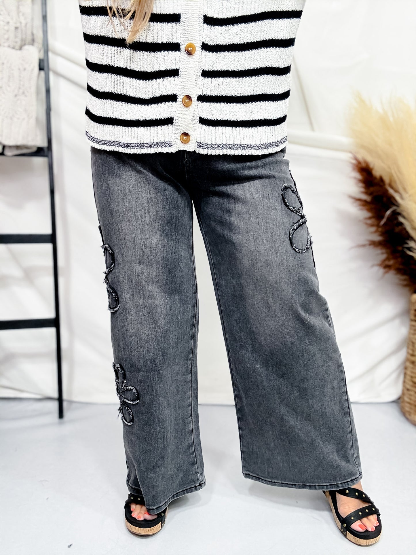 Flower Patch Black Washed Denim Wide Leg Pants