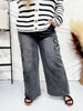 Flower Patch Black Washed Denim Wide Leg Pants