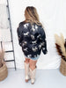 Black Horse Print Satin Button Down Top with Snap Button Sleeves