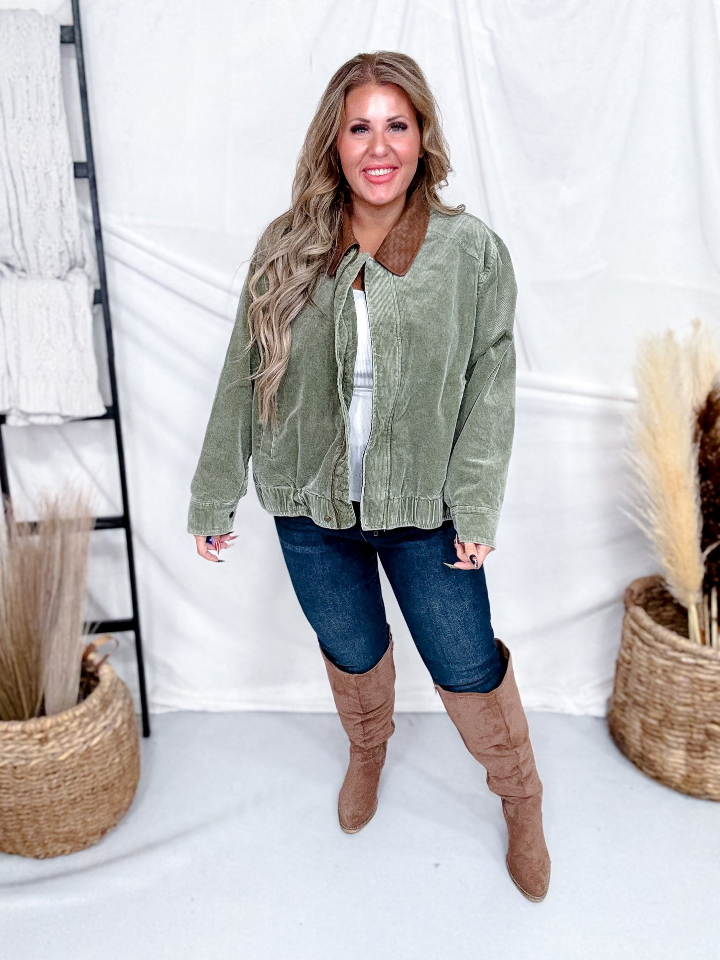 Mineral Washed Olive Corduroy Jacket With Faux Leather Collar