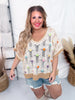 Lightweight Beige V-Neck Sleeveless Sweater Top W/ Floral Accents