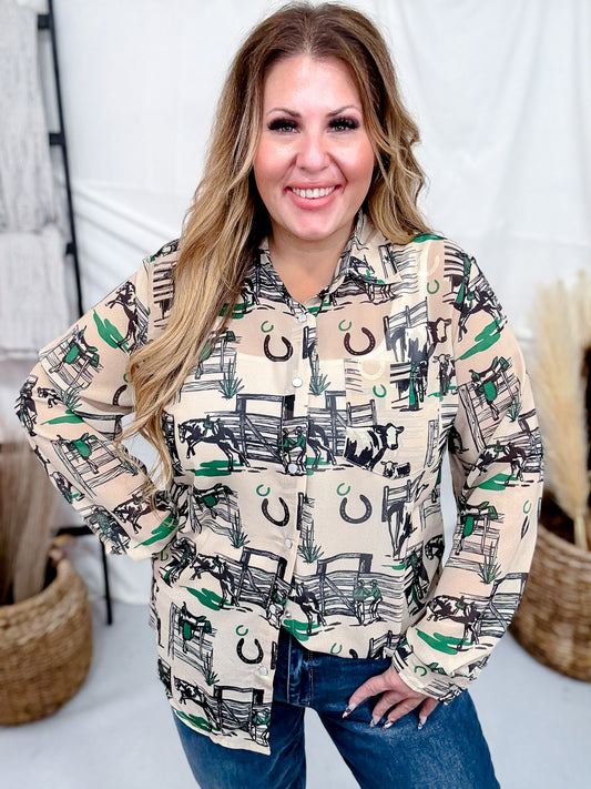 Greener Pastures Long Sleeve Button Down Western Top