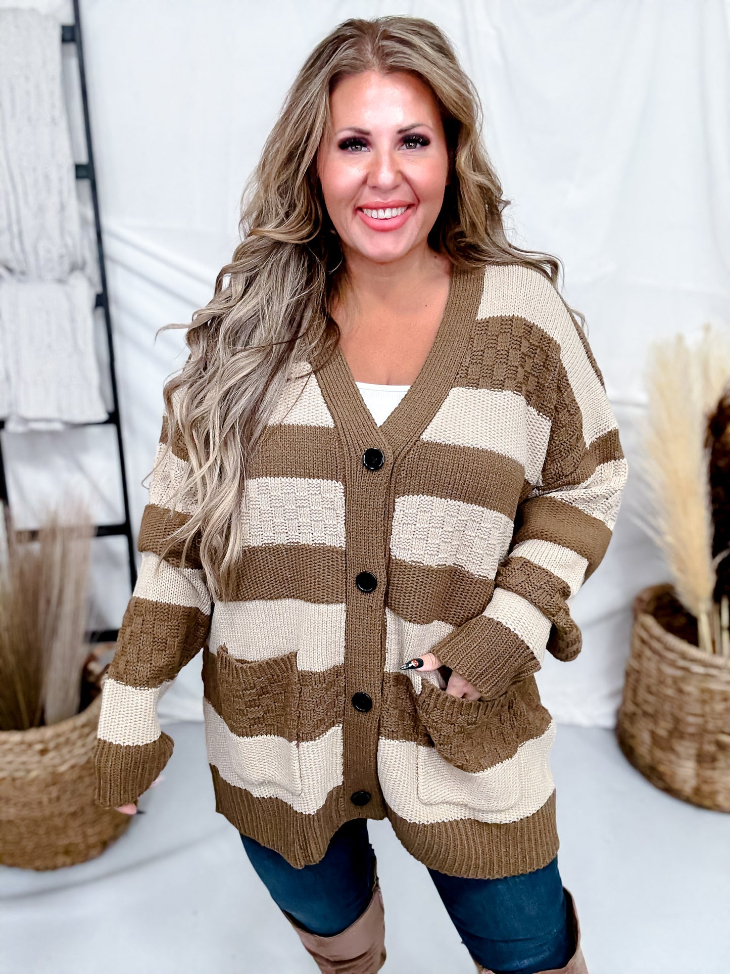 Long Sleeve Knit Brown & Taupe Button Down Cardigan