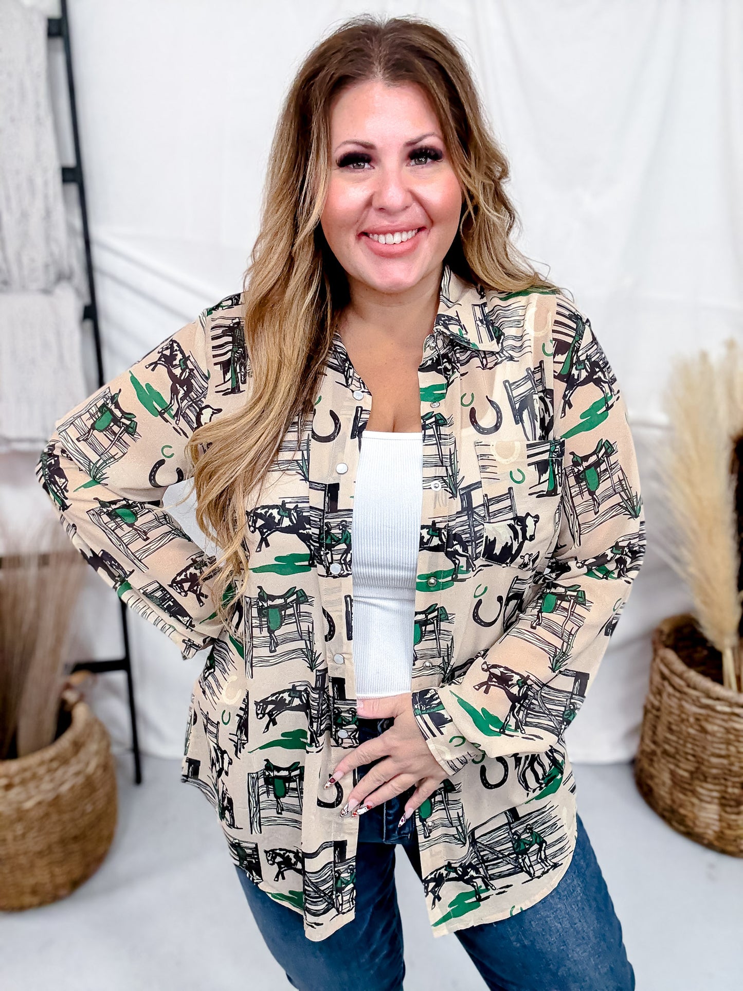 Greener Pastures Long Sleeve Button Down Western Top