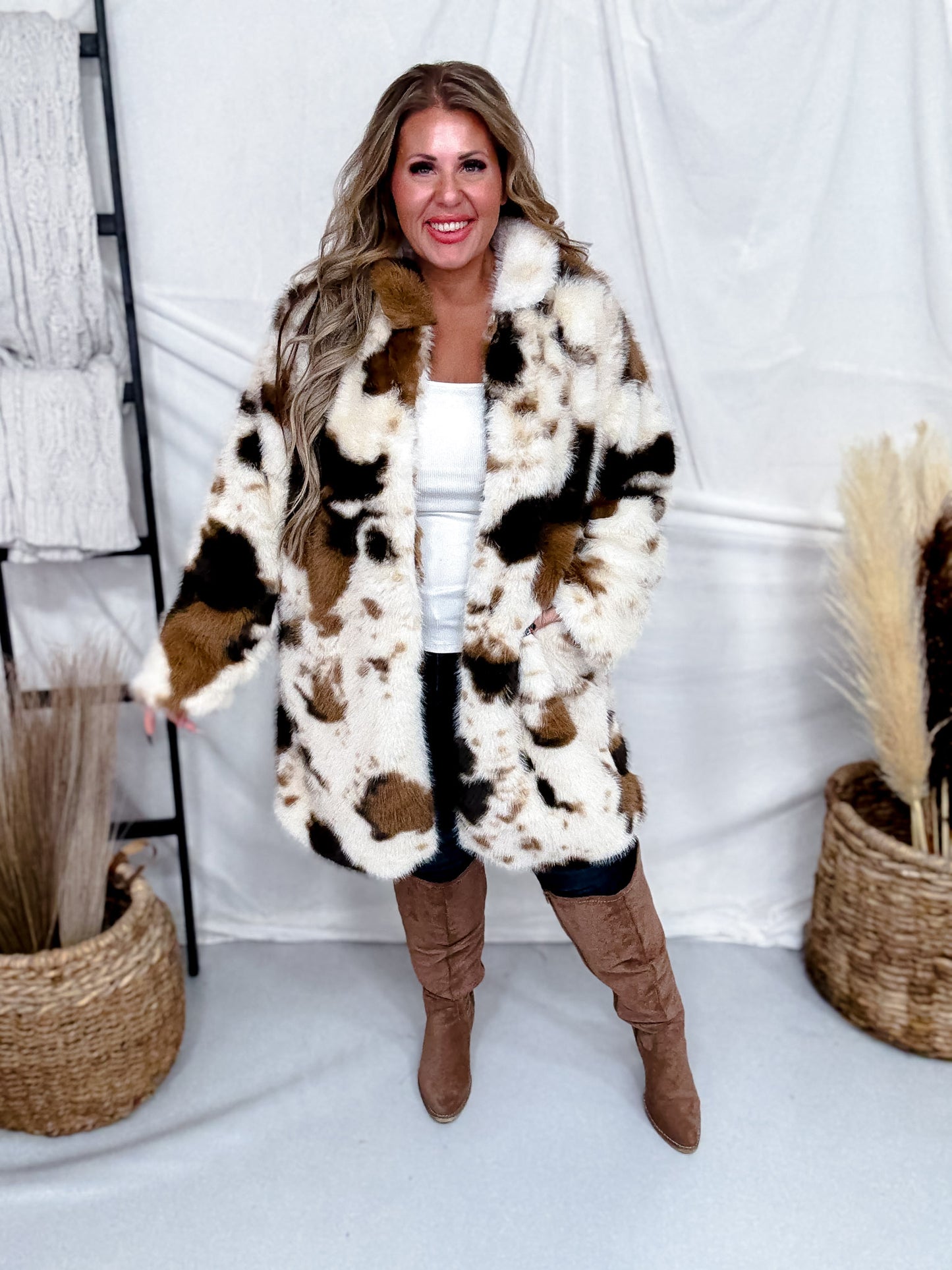 Long Sleeve Faux Fur Cowhide Pattern Coat