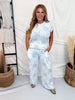 Blue Floral Patchwork Print Lounge Pants With Lettuce Edge Hems