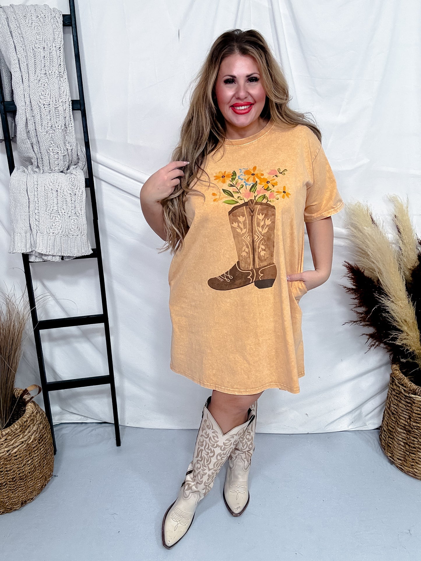 Cowboy Boot Bouquet Mineral Washed T-Shirt Dress - Whiskey Skies Cowboy Boot Bouquet Mineral Washed T-Shirt Dress - Whiskey Skies