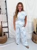 Blue Floral Patchwork Print Lounge Pants With Lettuce Edge Hems