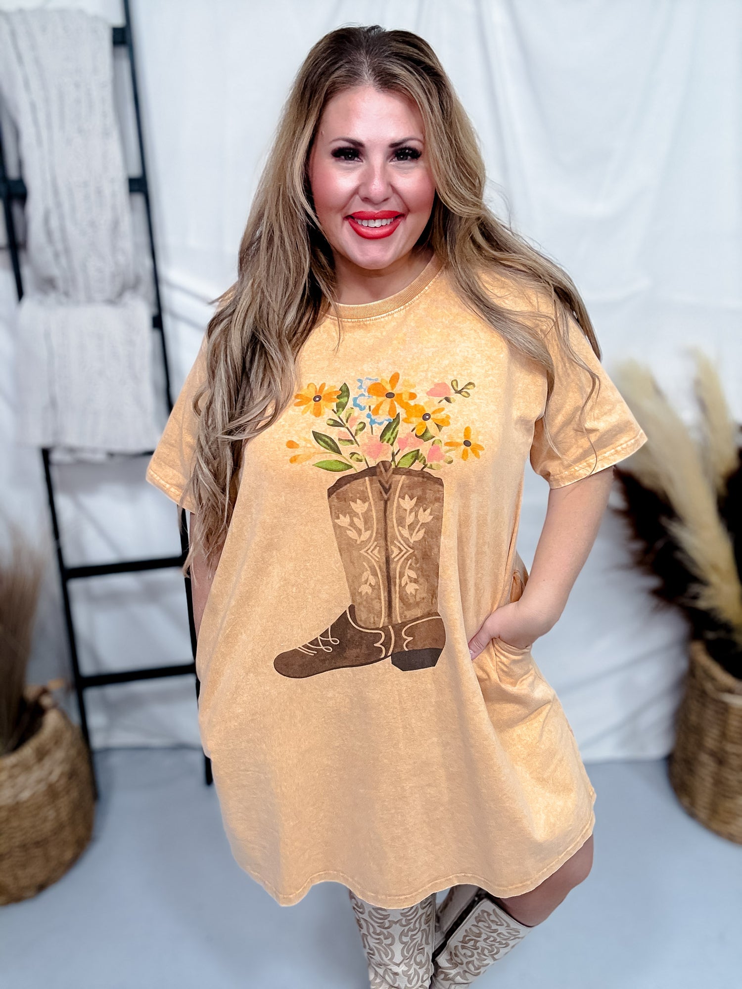 Cowboy Boot Bouquet Mineral Washed T-Shirt Dress - Whiskey Skies Cowboy Boot Bouquet Mineral Washed T-Shirt Dress - Whiskey Skies