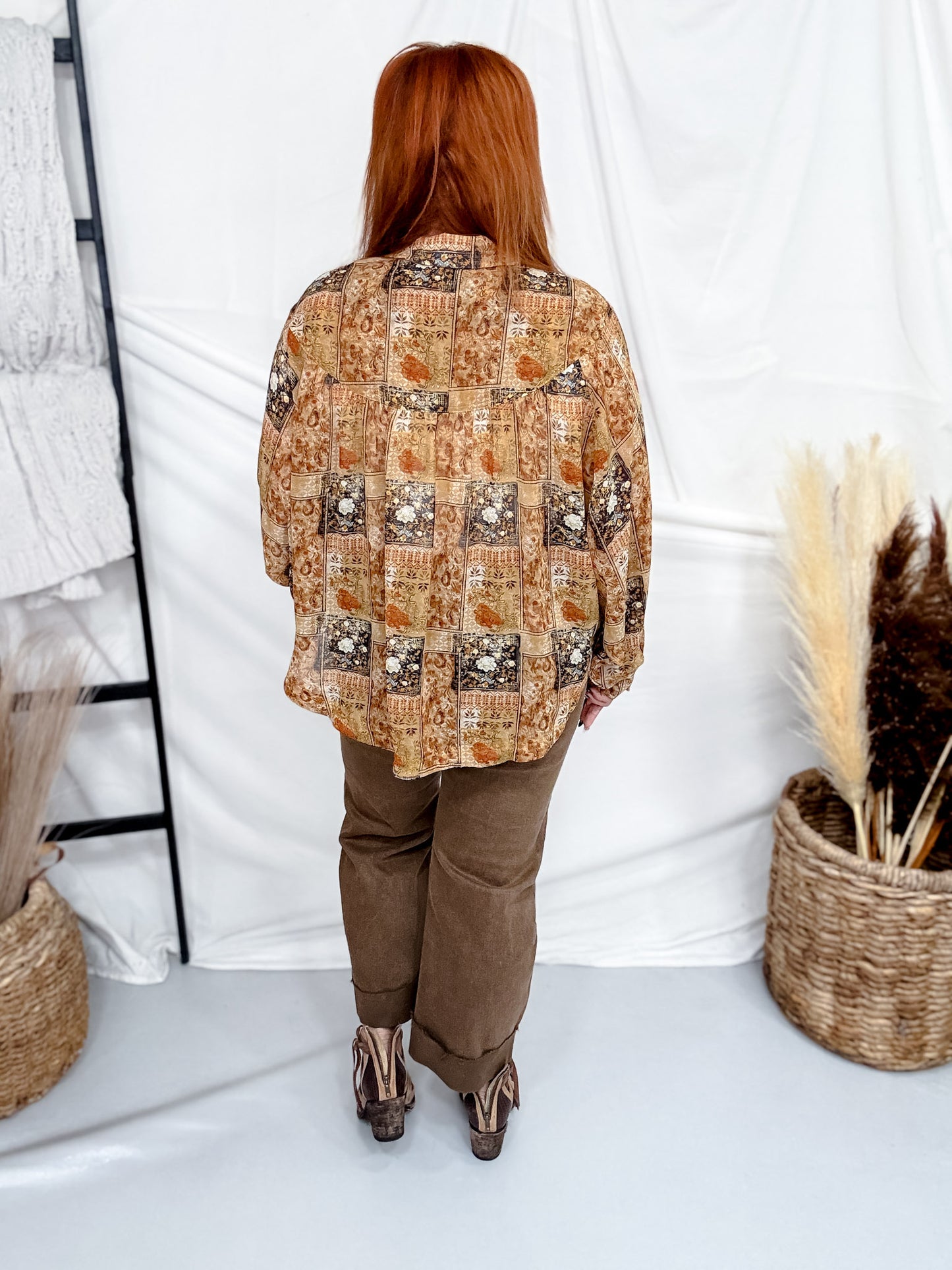 Button Front Blouse With Navy & Rust Floral Patchwork Print