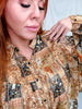Button Front Blouse With Navy & Rust Floral Patchwork Print