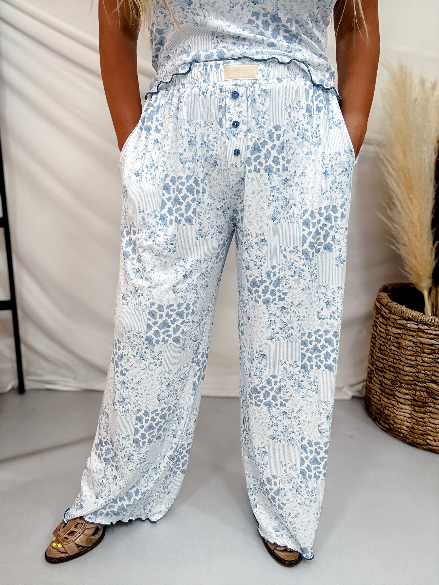 Blue Floral Patchwork Print Lounge Pants With Lettuce Edge Hems