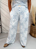 Blue Floral Patchwork Print Lounge Pants With Lettuce Edge Hems
