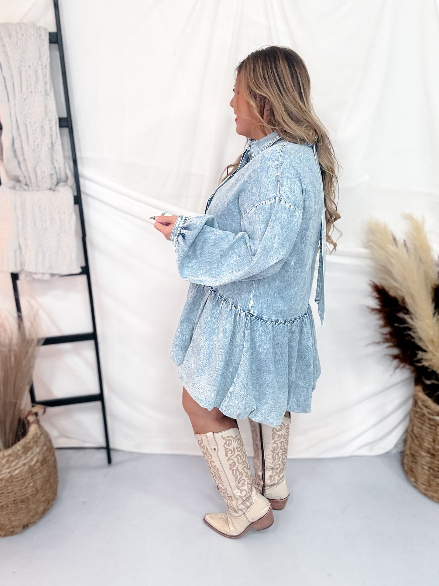 Acid Washed Denim Tiered Mini Babydoll Dress