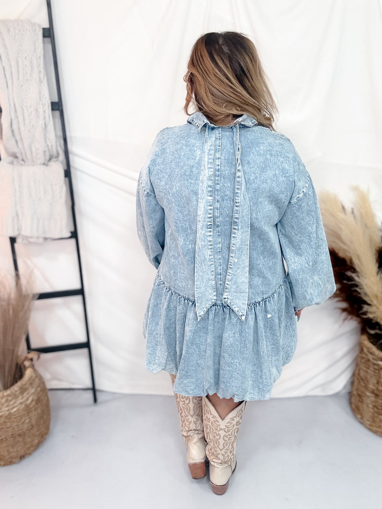 Acid Washed Denim Tiered Mini Babydoll Dress