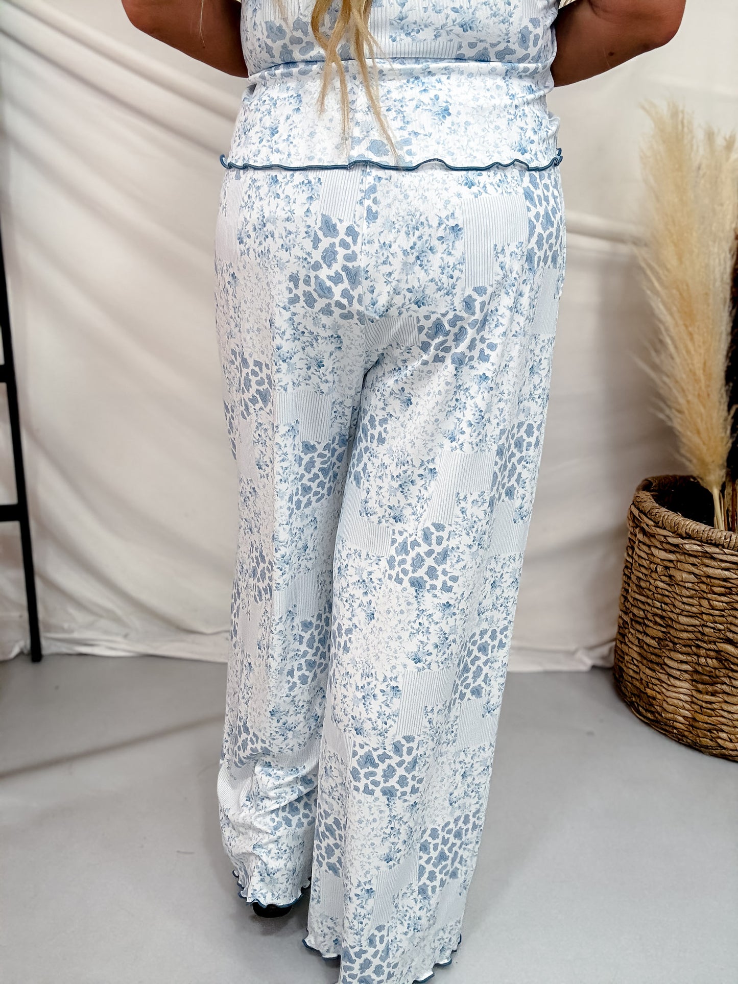 Blue Floral Patchwork Print Lounge Pants With Lettuce Edge Hems
