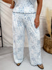 Blue Floral Patchwork Print Lounge Pants With Lettuce Edge Hems