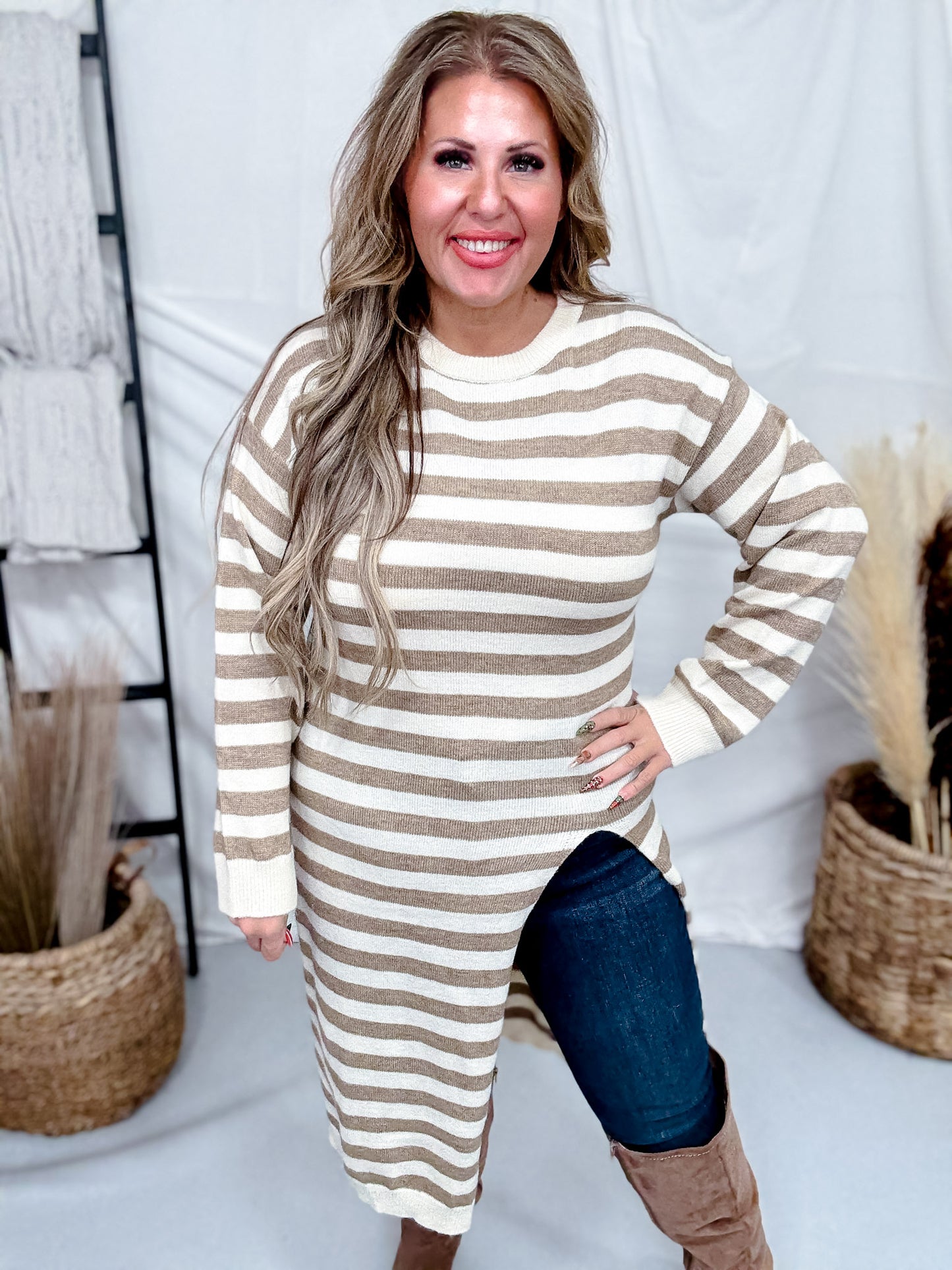 Long Sleeve Asymmetric Front Slit Striped Dress