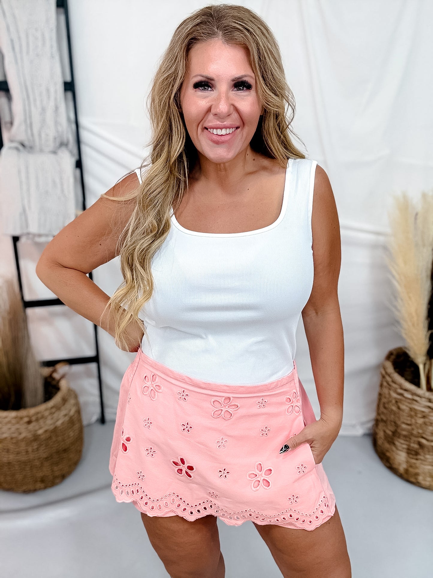 Pink Denim Eyelet Skort