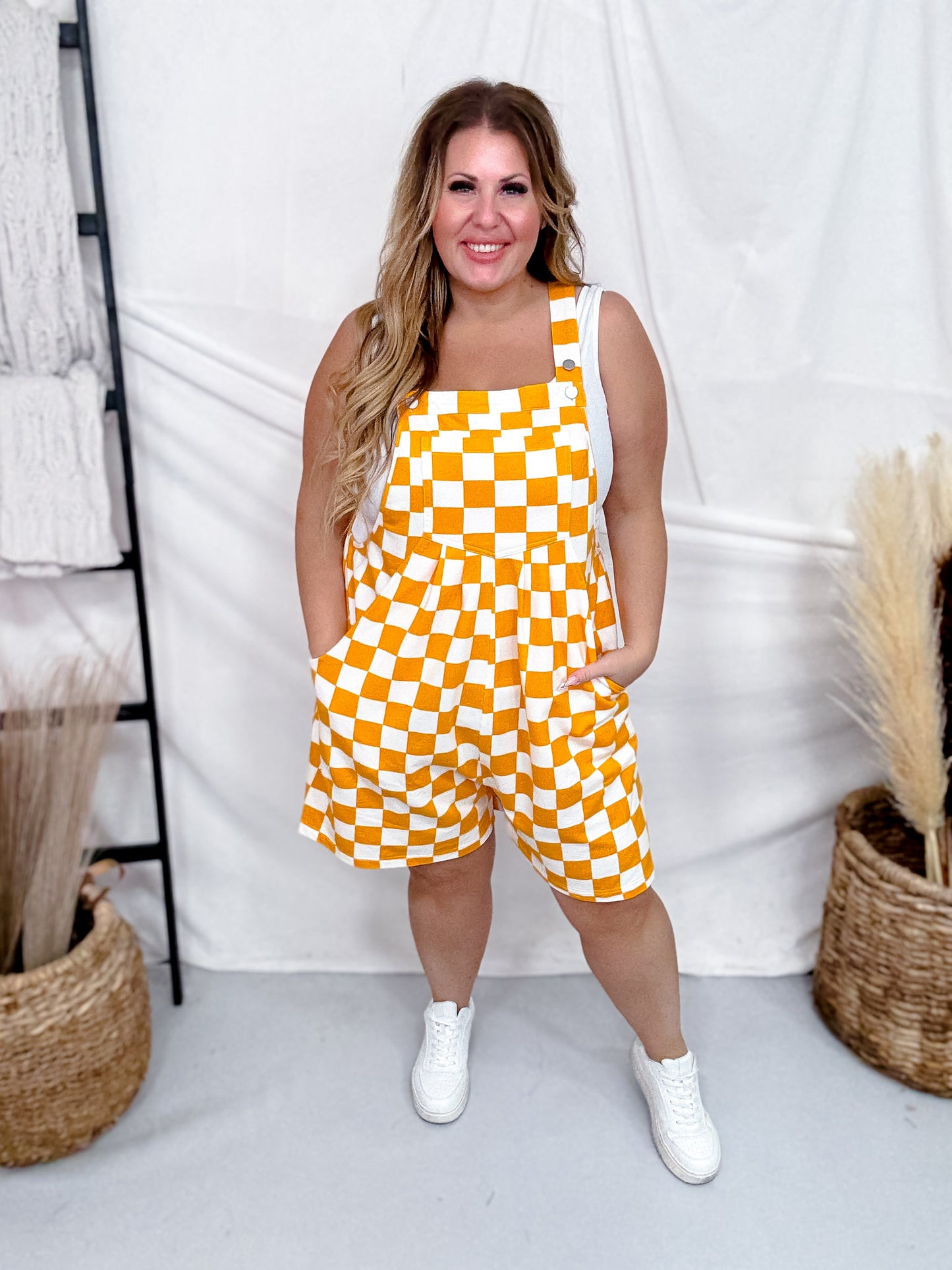 Orange & White Checkerboard Overall Style Romper