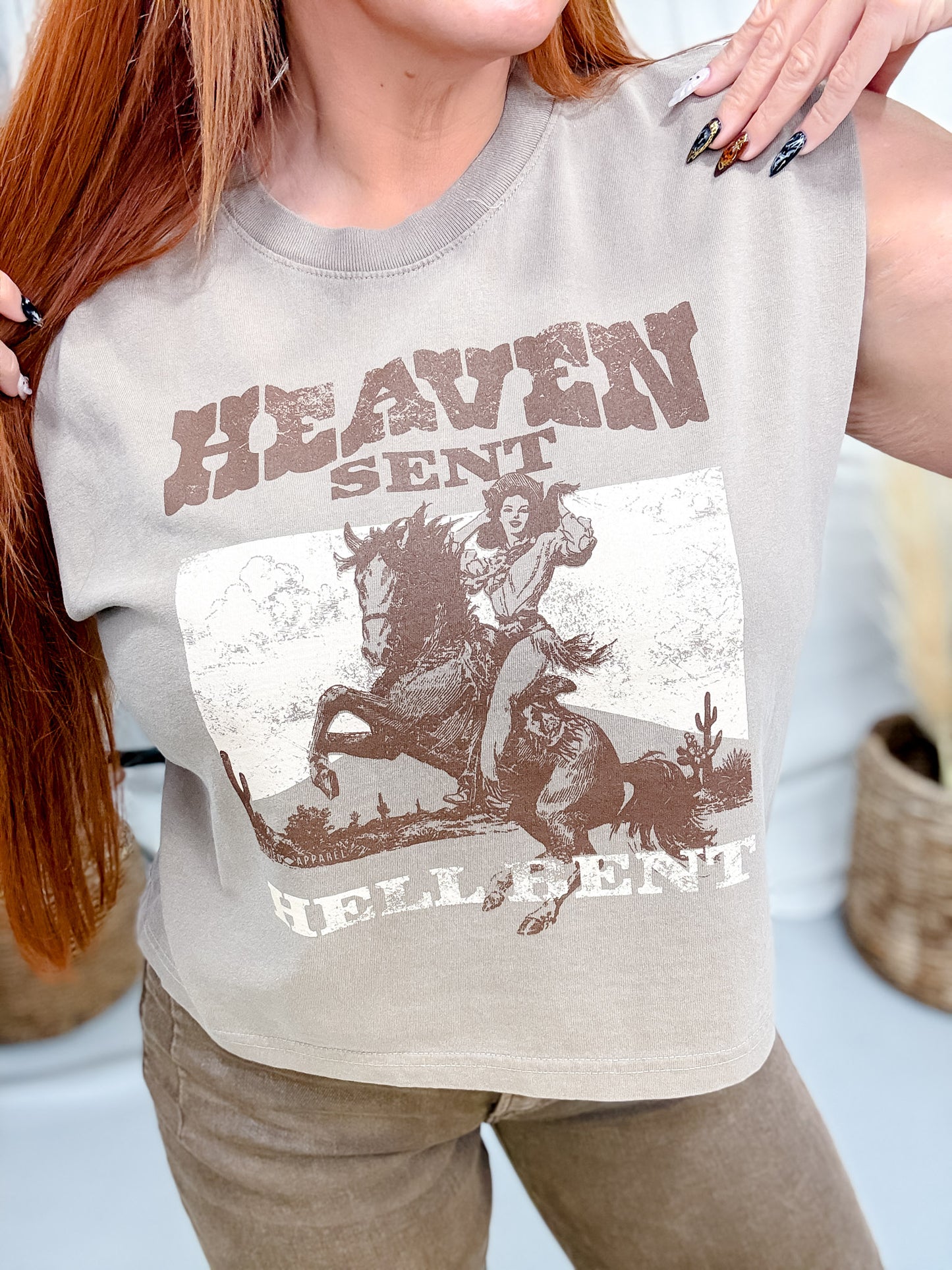 Heaven Sent Hell Bent Faded Brown Graphic Midi Muscle Tank